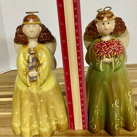Angel Figurines Ceramic Pottery Christmas Gold Green Tones Poinsettias Candle - Picture 4 of 8